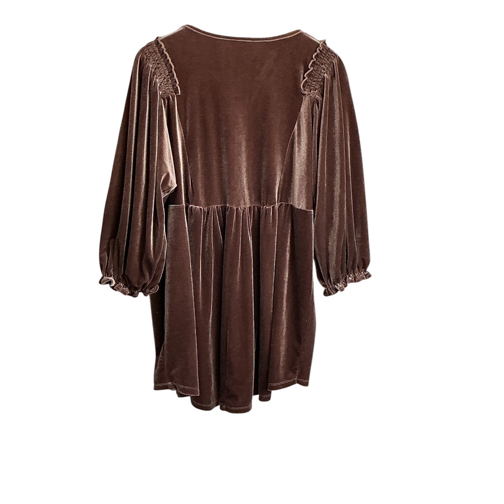 Umgee Brown Velvet Babydoll Mini Dress V-Neck Smocked Pockets XL WA0325 - Picture 4 of 14